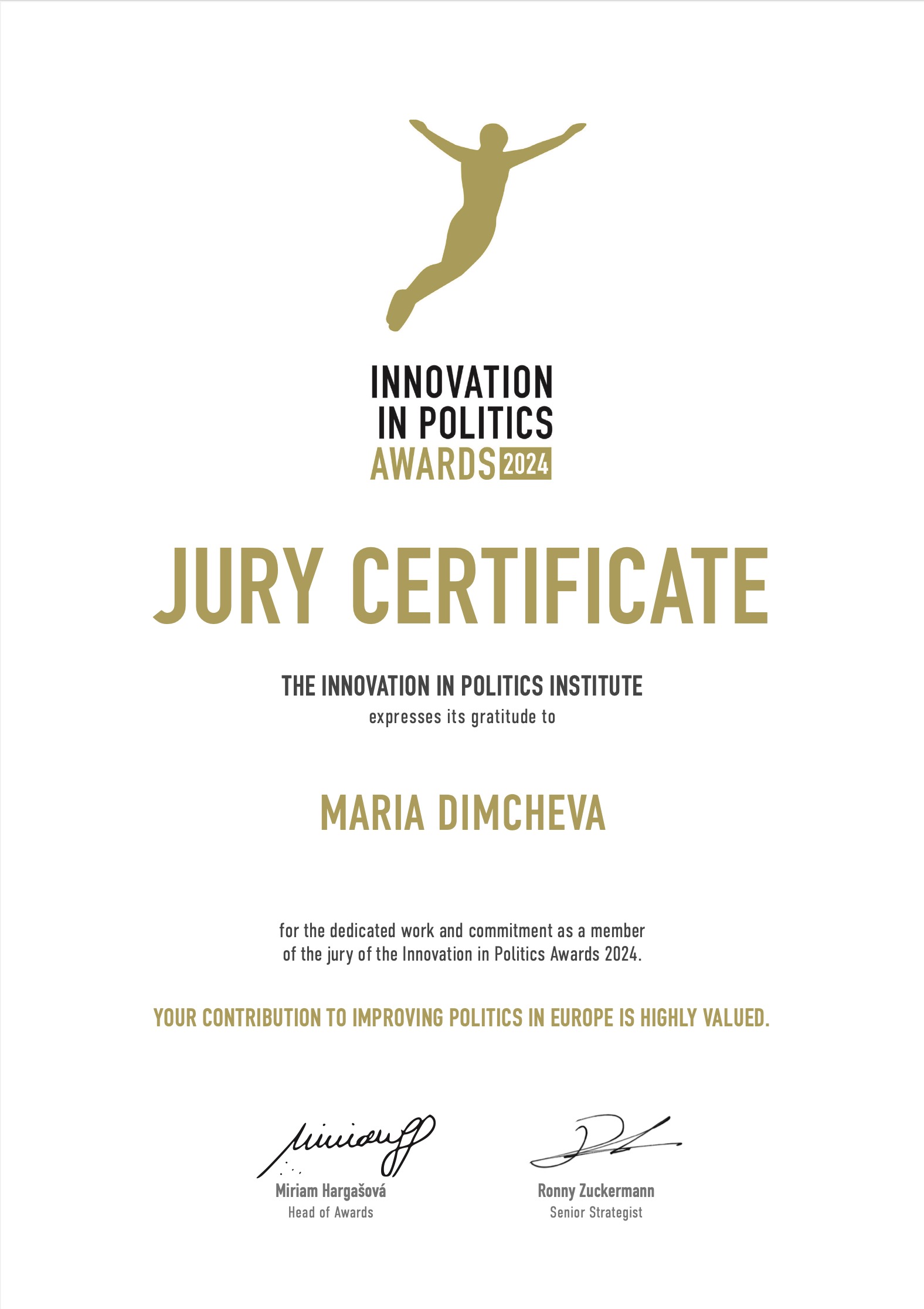 THE INNOVATION IN POLITICS INSTITUTE - Jury Certificate